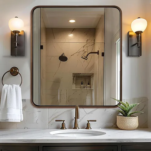 Vista 54 de Espejo de latón para baño, espejo rectangular redondeado de 22x30 pulgadas con marco de metal cepillado dorado, espejo de tocador de baño sin