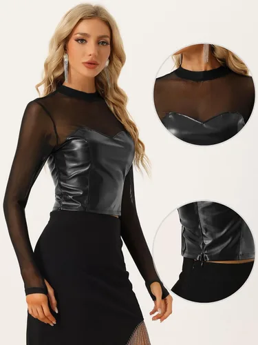Vista 2 de Allegra K Top de cuello alto para mujer, corsé de malla de piel sintética transparente de manga larga