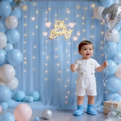 Vista 3 de Cortina de telón de fondo de tul azul bebé de 10 x 8 pies con cadena de luces para fiestas, cortinas de fondo transparentes para bodas, baby shower
