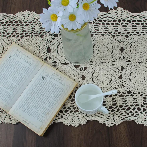 Vista 7 de kilofly Mantel de mesa hecho a mano con encaje de algodón de ganchillo, 15 x 43 pulgadas