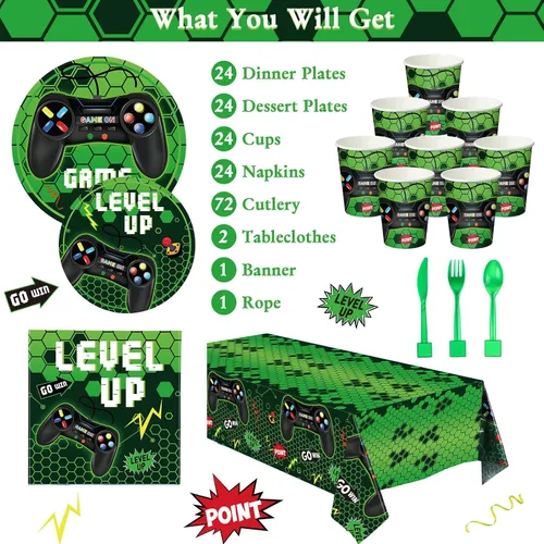 Vista 3 de Tiamon 172 piezas de decoración de fiesta de videojuegos – Sirve 24 suministros de vajilla de fiesta de juegos, incluye pancartas de feliz