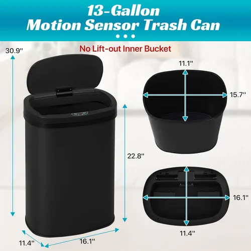 Vista 7 de BLKMTY - Bote de basura de 13 galones con tapa, sensor de movimiento, color negro Stainless Steel Garbage Cans, 50 L Automatic Touchless Kitchen