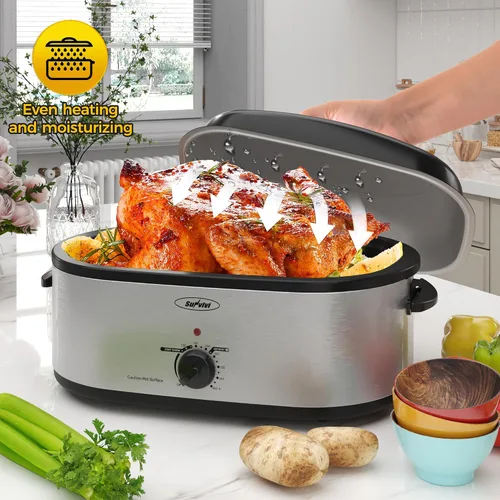 Vista 3 de Sunvivi Horno eléctrico asador de pavo de 20 cuartos de galón con tapa, tostadores eléctricos con bandeja extraíble, tostador grande, tapa