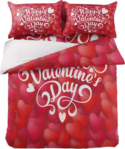 Vista 3 de Juego de funda de edredón de 4 piezas tamaño Queen, juego de ropa de cama suave para el día de San Valentín, sábana plana, fundas de almohada
