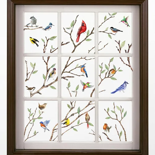 Vista 3 de Yovkky Adhesivo de 9 hojas para ventana de árbol de primavera y verano, diseño cardenal anticolisión, decoración de colibrí, pájaro azul, petirrojo
