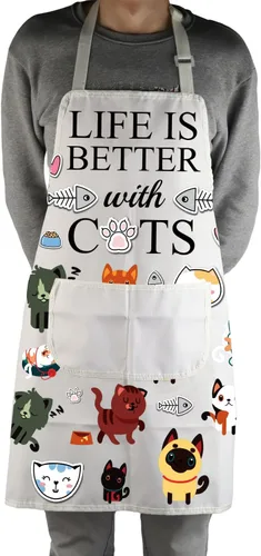 Vista 4 de MBMSO Delantal para gatos con bolsillos, delantal de cocina para gatos, divertido delantal de cocina para gatos, regalo para amantes de los gatos