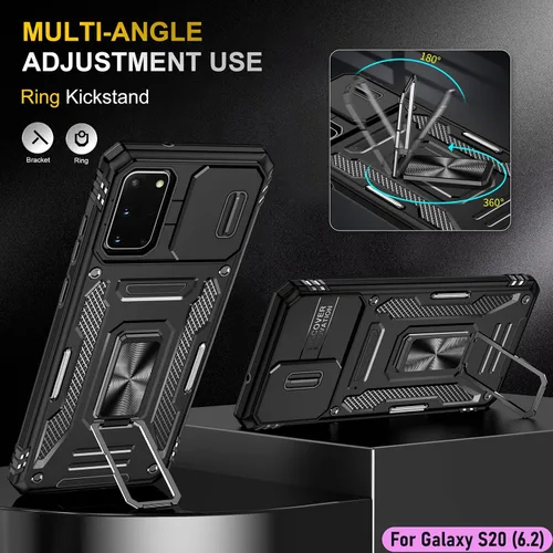 Vista 5 de Funda resistente para Samsung Galaxy S20, protector de parachoques de goma de doble capa de grado militar con protector de cámara deslizante