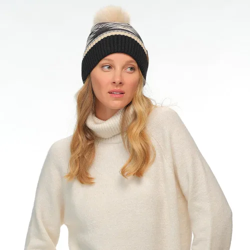 Vista 7 de C.C Southwest - Gorro de punto con pompón para mujer, unisex, elástico, suave, cálido, con piel sintética, gorro de invierno Azteca-negro