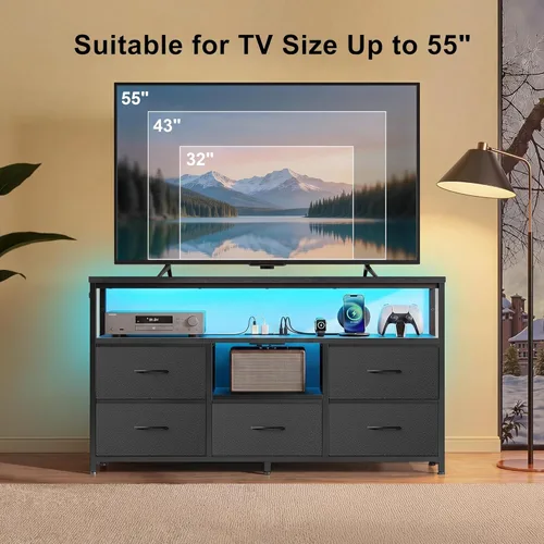 Vista 6 de Soporte de TV con luces LED y estación de carga, soporte de TV de 55 pulgadas para dormitorio, almacenamiento de cajones de tela, centro