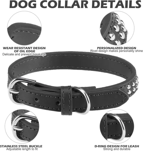 Vista 3 de BINGPET BA2006 Collar de cuero dividido con tachuelas para perro de piel auténtica, negro