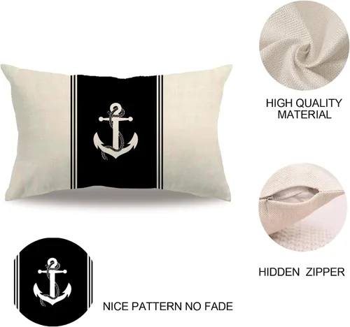 Vista 5 de 7COLORROOM Paquete de 2 fundas de almohada de vela náutica, patrón de ancla/brújula, rectangular, funda de cojín de cintura para decoración del Negro