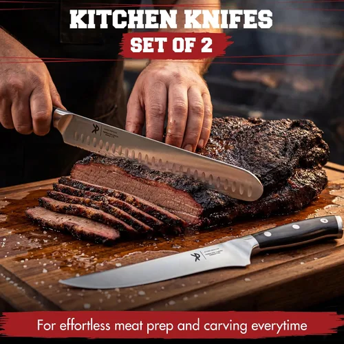 Vista 2 de Juego de Tallado de BBQ para Carne - Cuchillo de Cortar Pechuga de 12" + Cuchillo de Deshuesar de 6" con Fundas - Súper Afilado, Acero Alemán