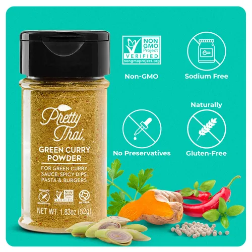 Vista 5 de Pretty Thai Polvo de curry verde, auténtico sin gluten, certificado sin OMG, condimento sin sodio para salsa de curry, salsa de pasta y comida