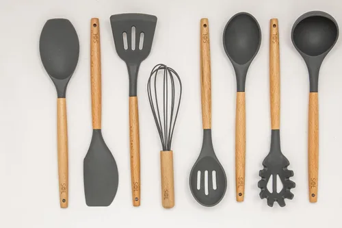 Vista 5 de SOL -Juego de cucharas de madera para cocinar utensilios de cocina de silicona con mango de madera, juego de 8 piezas - Cuchara para servir, cuchara