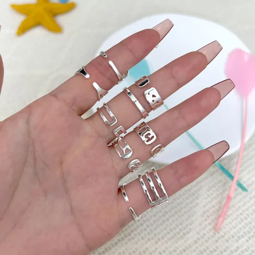 Vista 5 de Suonie S925 - Juego de anillos para nudillos para mujer anillos ajustables para niñas anillos de articulación corona de flores y estrellas anillos