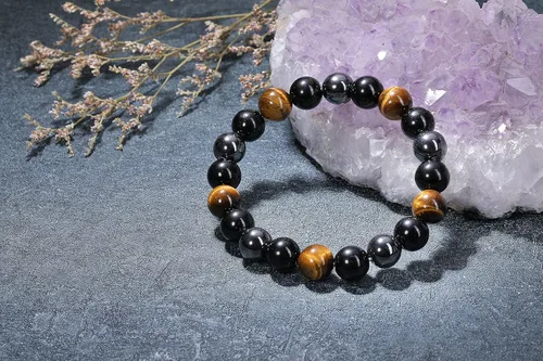 Vista 2 de Jovivi Pulseras de hematita negra de obsidiana con ojo de tigre para hombres y mujeres, 0.394 pulgadas (0.394 in), cuentas redondas naturales