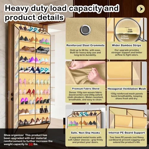 Vista 3 de Kotkn Organizador de zapatos de 10 niveles sobre la puerta, 20 bolsillos con capacidad para 20 a 30 pares, tela Oxford resistente con malla