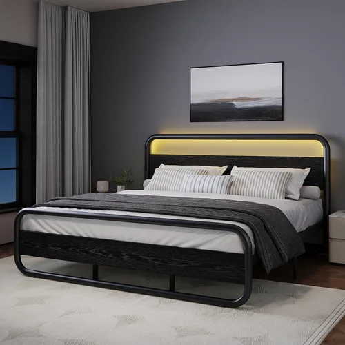 Vista 10 de Catrimown - Marco para cama individual con luces LED, marco de cama plataforma individual resistente de metal rústico con cabecera de madera