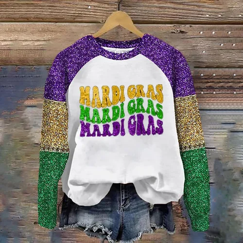 Vista 2 de Camisetas de Mardi Gras para mujer, con estampado de carnaval, cuello redondo, manga larga, camisa de moda para mujer 2024