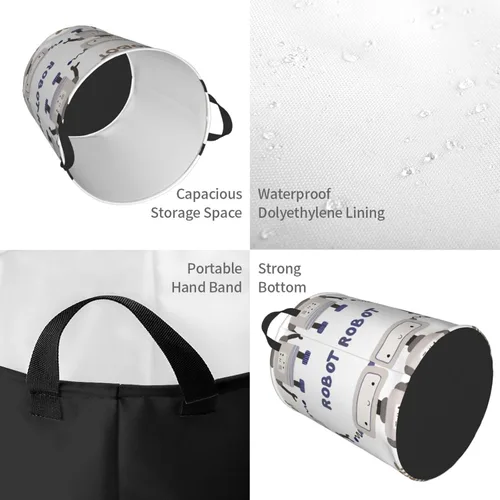 Vista 4 de Vintage Robots - Cesta de lavandería impermeable plegable con mango duradero, organizador de ropa sucia circular, cesta de almacenamiento