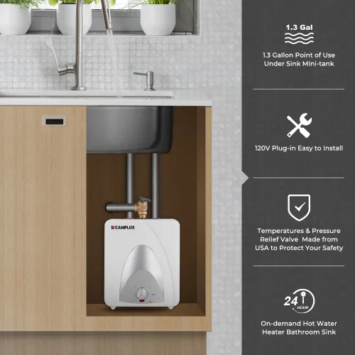 Vista 4 de CAMPLUX - Calentador de agua eléctrico de tanque de 1.3 galones debajo del fregadero, agua caliente instantánea para RV, cocina, camión