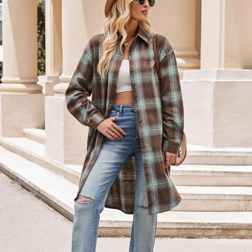 Vista 2 de Women Casual Coat, Polyester Fabric Plaid Long Sleeve Shacket for Outdoor Travel Shopping