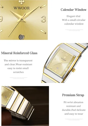 Vista 2 de WWOOR Relojes cuadrados para hombres y mujeres, reloj cuadrado de acero inoxidable para hombre con fecha, reloj casual con fecha cuadrada