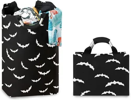 Vista 7 de Cesta de lavandería de 50 L para Halloween, diseño gótico, plegable, con asas acolchadas, impermeable, duradera, cesta de almacenamiento