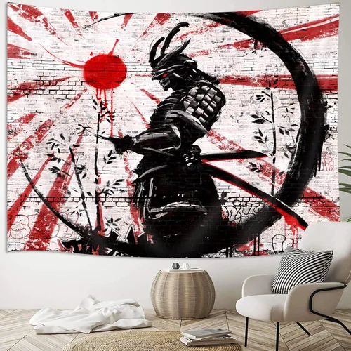 Vista 3 de iTapnoom Tapiz decorativo de arte samurái japonés para colgar en la pared para dormitorio, póster de anime rojo y negro con sol y luna para hombres