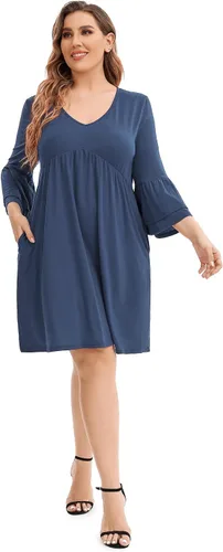 Vista 3 de KOJOOIN Vestido tipo túnica casual para mujer, talla grande, cuello en V, holgado, manga 34, con volantes, bohemio, vestido midi con bolsillos