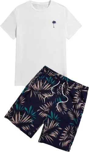 Vista 82 de GORGLITTER Conjunto de 2 piezas de camiseta gráfica de manga corta para hombre, estampado hawaiano con cordón y pantalones cortos