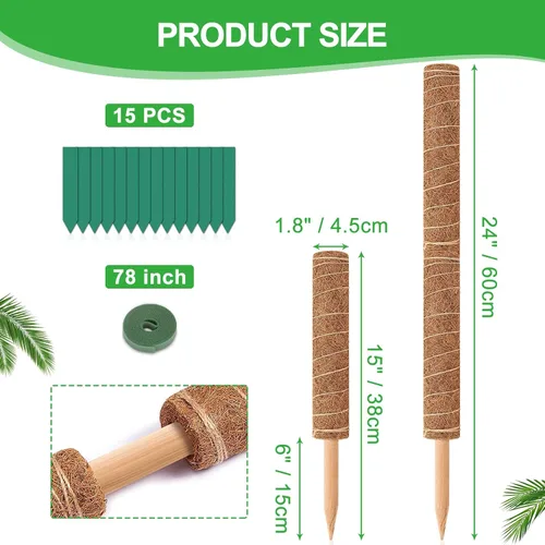 Vista 4 de GROWNEER Poste de musgo de 24 pulgadas para plantas de interior, 2 piezas de soporte de tótem de coco apilable de 15 pulgadas, palos de musgo con 15