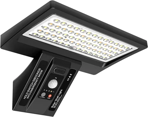 Vista 7 de Lámpara de pared solar para exteriores, 1050 lm IP65 impermeable tipo 2, lente óptica 104 LED, 3 modos de iluminación, luz de pared con sensor