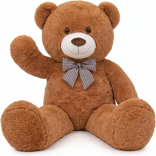 Vista 2 de Oso de peluche marrón gigante, animal de peluche grande de 47 pulgadas, material de felpa suave, estilo clásico con lazo a cuadros, para acurrucarse