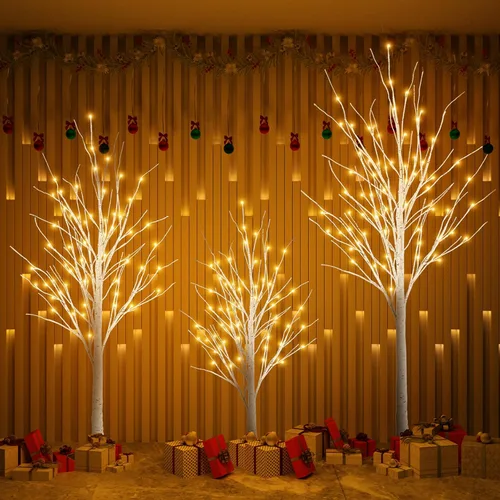 Vista 6 de Hooseng Árbol Iluminado de 4 pies, 5 pies y 6 pies, Paquete de 3, Lámpara de Árbol de Luces de Hadas Árbol Artificial para Festival, Fiesta