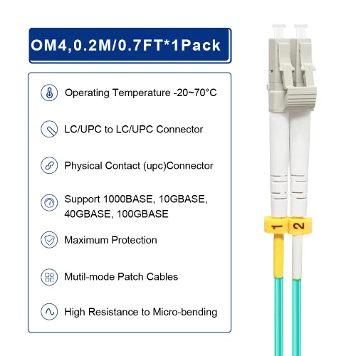 Vista 3 de Cable de fibra OM4 LC a LC 0.2M, Opciones de longitud de cable: 0.2m-100m, Cables de fibra óptica dúplex multimodo 50/125um LSZH 40GB/100GB-0.2M