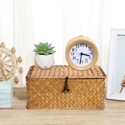 Vista 6 de Almacenamiento de pastos marinos con tapa: cesta rectangular tejida de mimbre natural para el hogar, cajas organizadoras de estantes, organizador