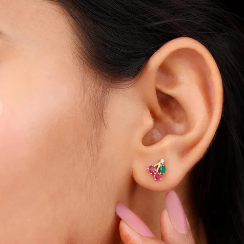 Vista 9 de Aretes de cereza esmeralda y rubí natural para mujer, calidad AAA certificada, aretes de tuerca de cereza roja
