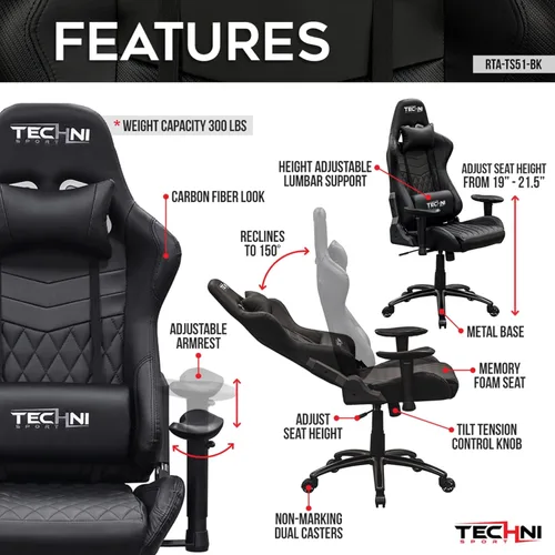 Vista 4 de Techni Sport RTA-TS51-BK - Silla para juegos, color negro Adjustable lumbar support, adjustable armrests, carbon fiber look, 300 lb capacity
