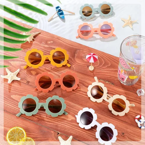 Vista 7 de 12 pares de lentes de sol redondos con forma de flor para niños lindos lentes de sol para exteriores