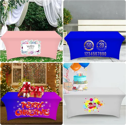 Vista 6 de Mantel personalizado con logotipo de negocios, mantel de elastano elástico personalizado para mesas rectangulares de 6 pies para ferias, eventos