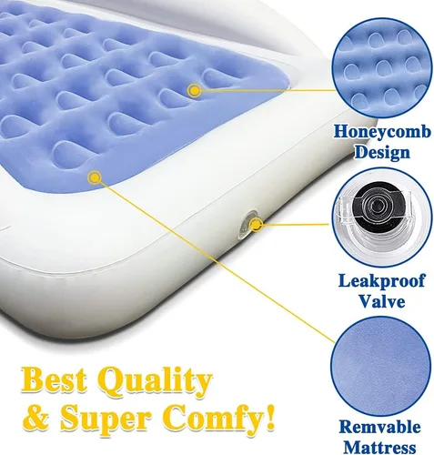 Vista 5 de Cama de viaje inflable para niños Fahuac, juego de colchón de aire para niños pequeños, cama hinchable portátil con barandillas y bomba eléctrica