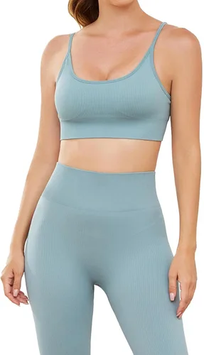 Vista 8 de Conjuntos de entrenamiento para mujer, 3 piezas, sin costuras, acanalados, sin mangas, cintura alta, pantalones cortos de yoga