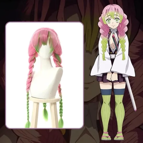 Vista 3 de BYOOTI Peluca de cosplay de anime Kanroji Mitsuri para personajes de Kimetsu no Yaiba, peluca larga trenzada Lolita verde y rosa con gorra de peluca