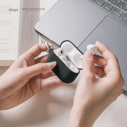 Vista 3 de elago Funda compatible con AirPods Pro 2 (2022), funda de silicona con llavero, LED frontal visible, soporta carga inalámbrica [negro]