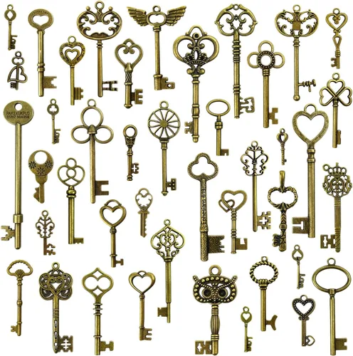 Vista 8 de 42 piezas de llaves de esqueleto vintage mixtas, llave de 42 estilos, cada 1 pieza Oro antiguo