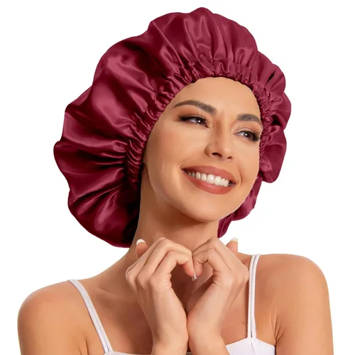 Vista 18 de Gorro de satén de seda para dormir, gorro de satén para dormir, gorro de satén para dormir para cabello natural y rizado (negro y verde negruzco)