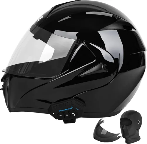 Vista 2 de Casco modular de motocicleta Bluetooth aprobado por DOT/ECE de cara completa, abatible, antivaho, doble visera, casco con altavoz dual integrado