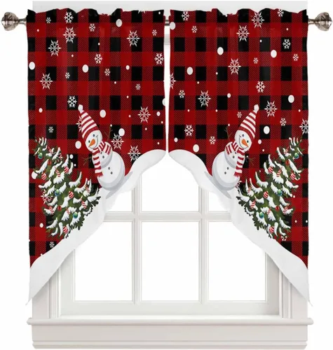 Vista 9 de BEMIGO Cortinas de cocina de Navidad, lindas cortinas de granja con muñeco de nieve azul, cenefa con bolsillo para barra de copos de nieve