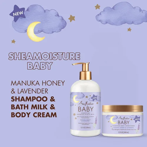 Vista 5 de SheaMoisture Baby Essentials, champú nocturno y leche de baño + acondicionador profundo, miel de manuka y lavanda, probado por pediatras